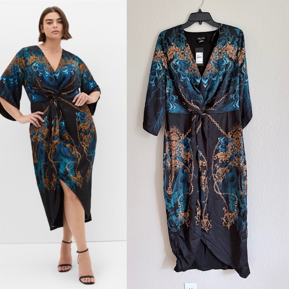 City Chic Plus Size Black Priscilla Blue Patterned Satin Midi Dress